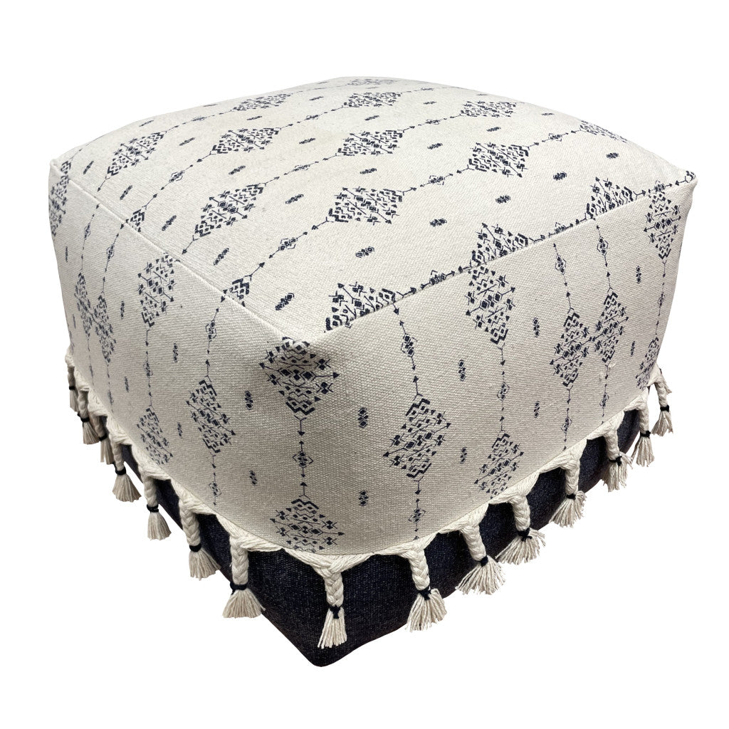 18" Natural and Navy Blue Cotton Medallion Pouf Ottoman