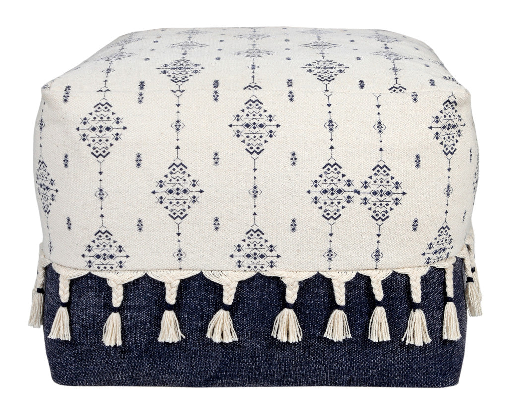 18" Natural and Navy Blue Cotton Medallion Pouf Ottoman