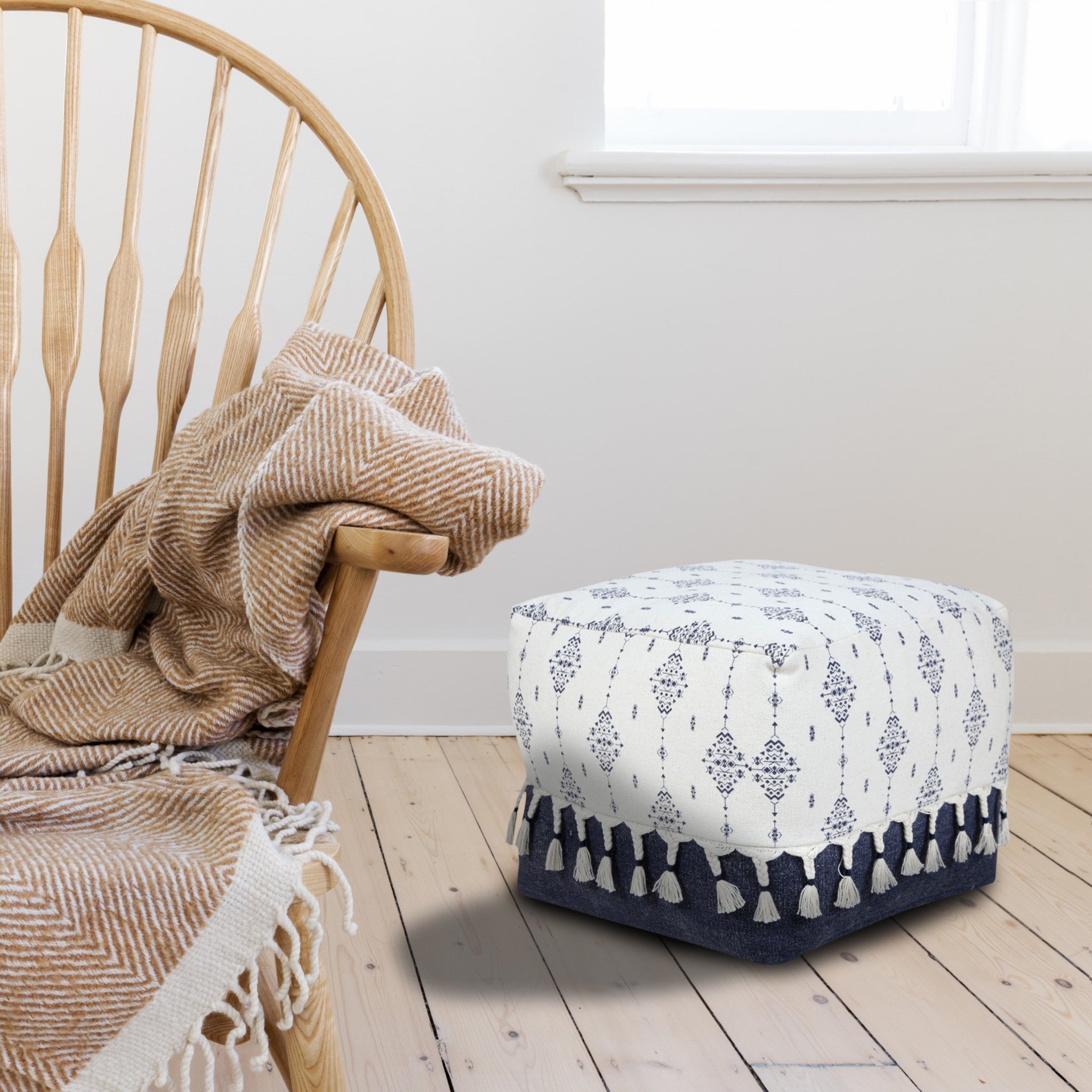 18" Natural and Navy Blue Cotton Medallion Pouf Ottoman