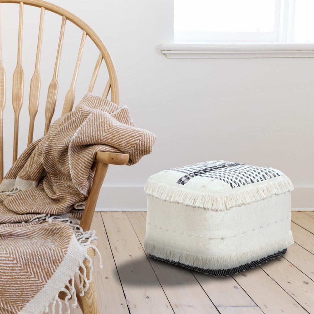 18" White Cotton Striped Pouf Ottoman