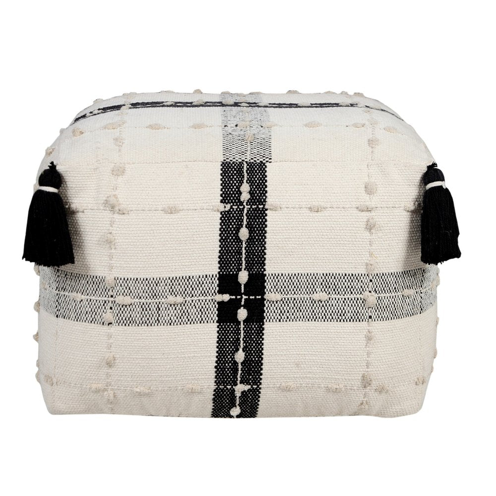18" Black Cotton Striped Pouf Ottoman