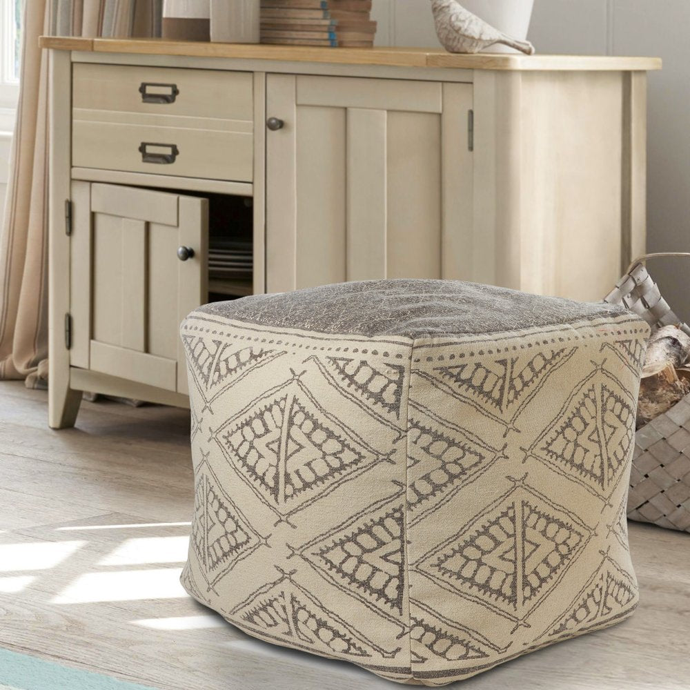 20" Beige Cotton Tribal Pouf Ottoman