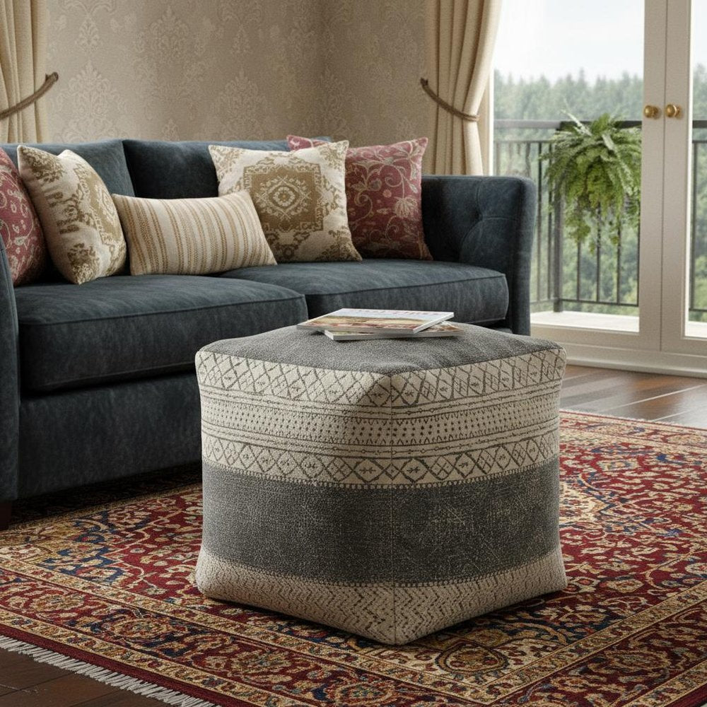 20" Cream Cotton Tribal Pouf Ottoman