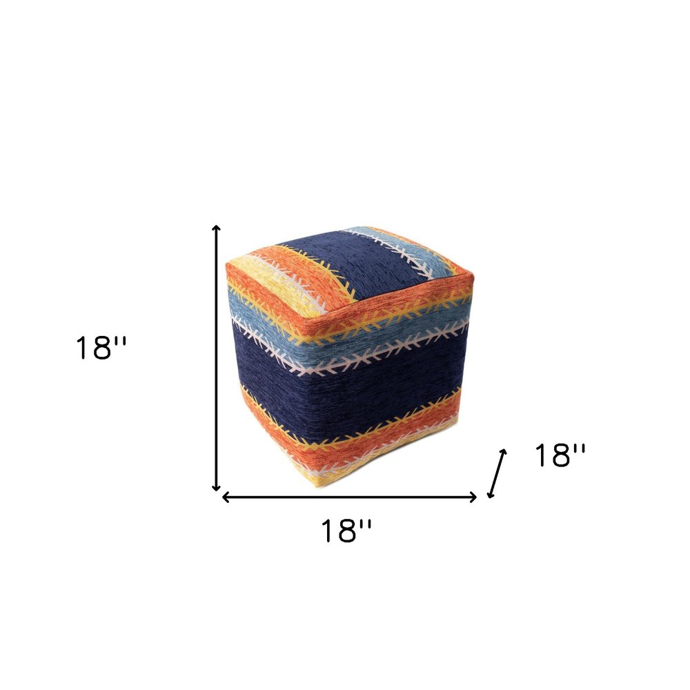 18" Blue And Orange Polyester Blend Striped Pouf Ottoman