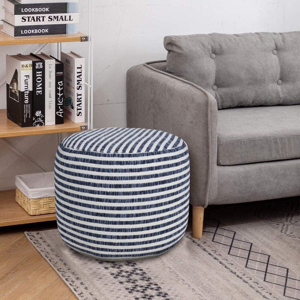 18" Blue Cotton Cylinder Striped Pouf Ottoman
