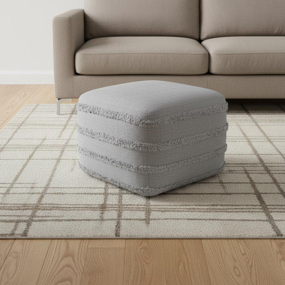 18" Cream Cotton Tufted Striped Cube Pouf Ottoman