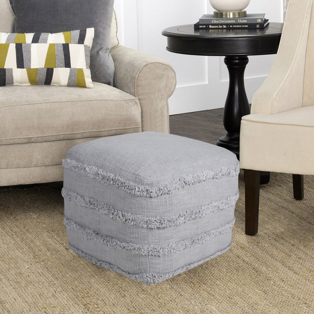 18" Cream Cotton Tufted Striped Cube Pouf Ottoman