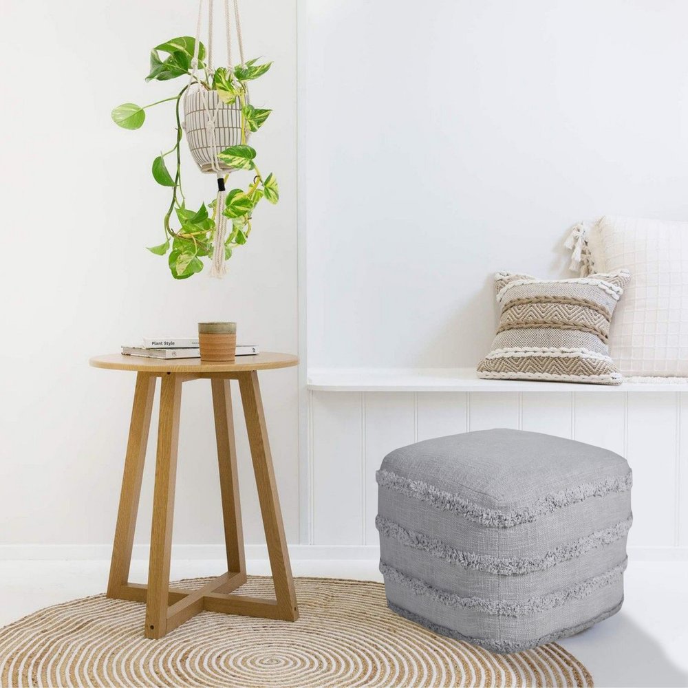 18" Cream Cotton Tufted Striped Cube Pouf Ottoman