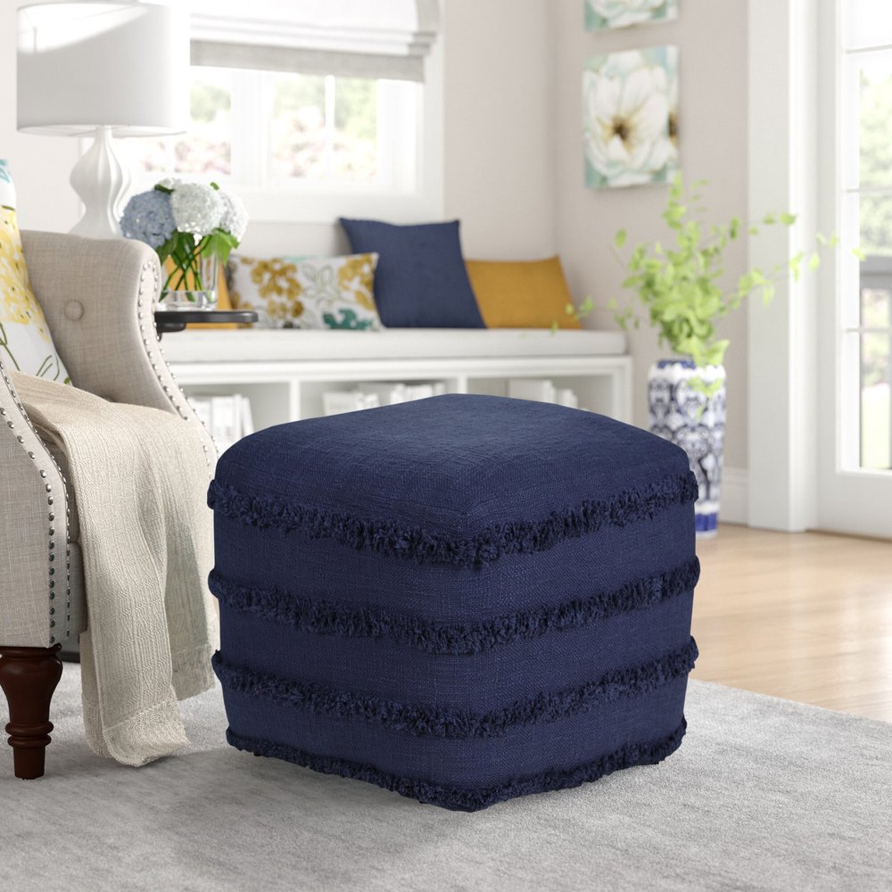18" Gray Cotton Striped Pouf Ottoman