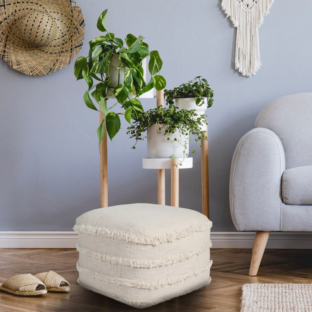 18" Gray Cotton Striped Pouf Ottoman