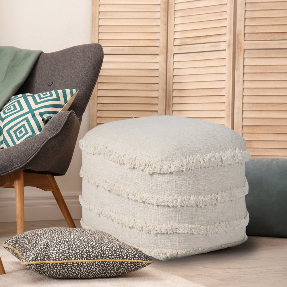 18" Gray Cotton Striped Pouf Ottoman