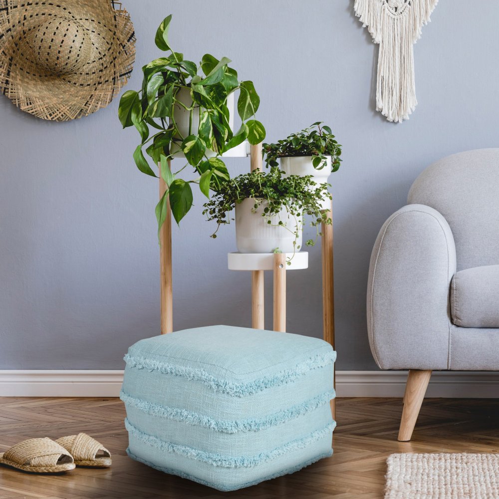 18" Gray Cotton Striped Pouf Ottoman