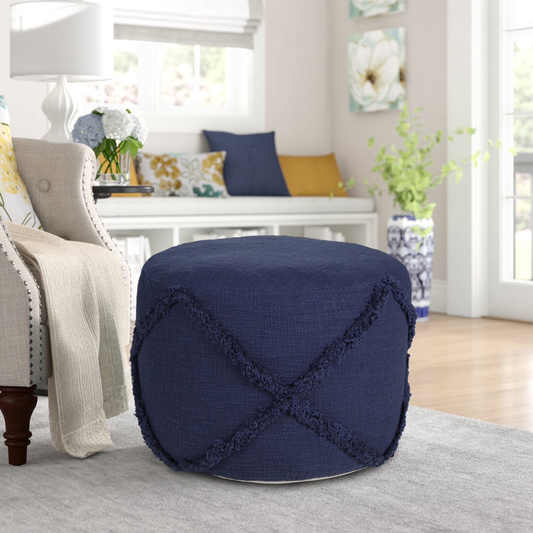 18" Blue 100% Cotton Ottoman