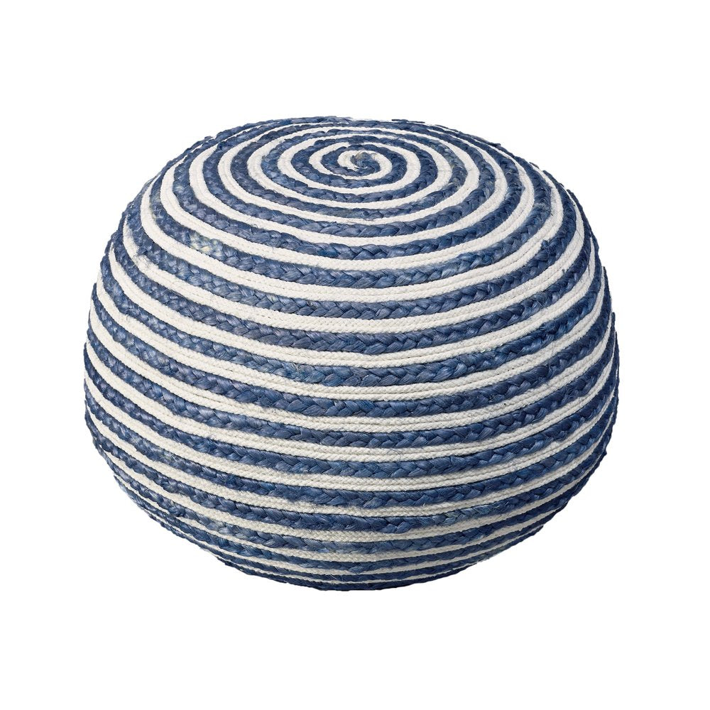 20" White Cotton Blend Round Striped Pouf Ottoman