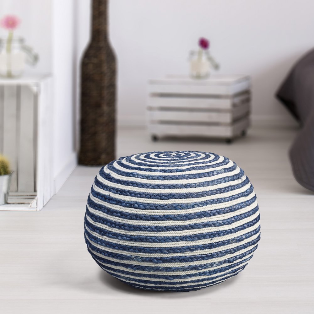 20" White Cotton Blend Round Striped Pouf Ottoman