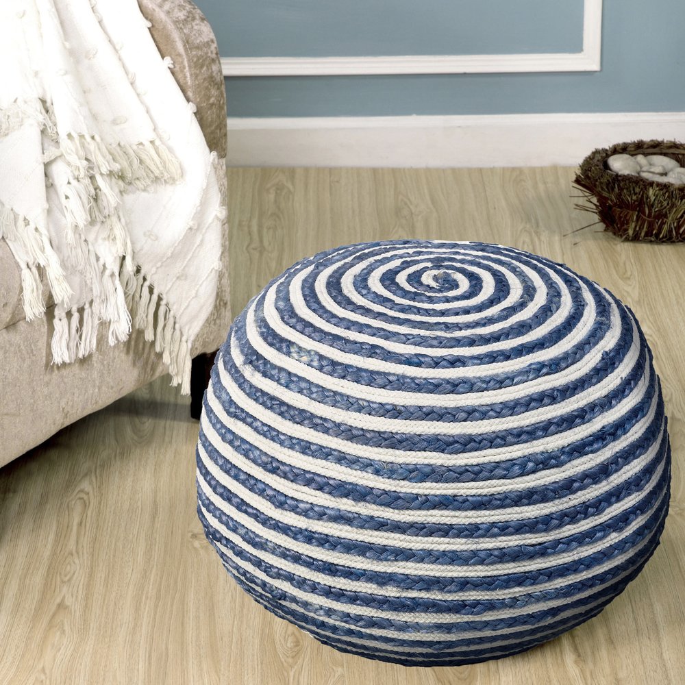 20" White Cotton Blend Round Striped Pouf Ottoman