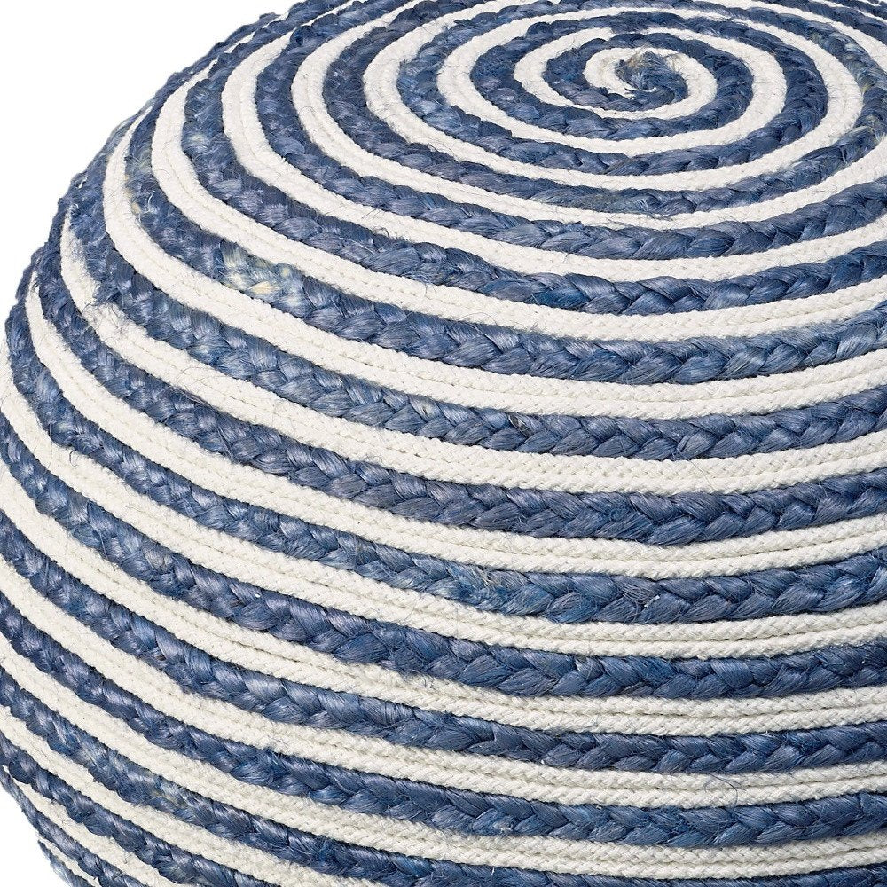 20" White Cotton Blend Round Striped Pouf Ottoman