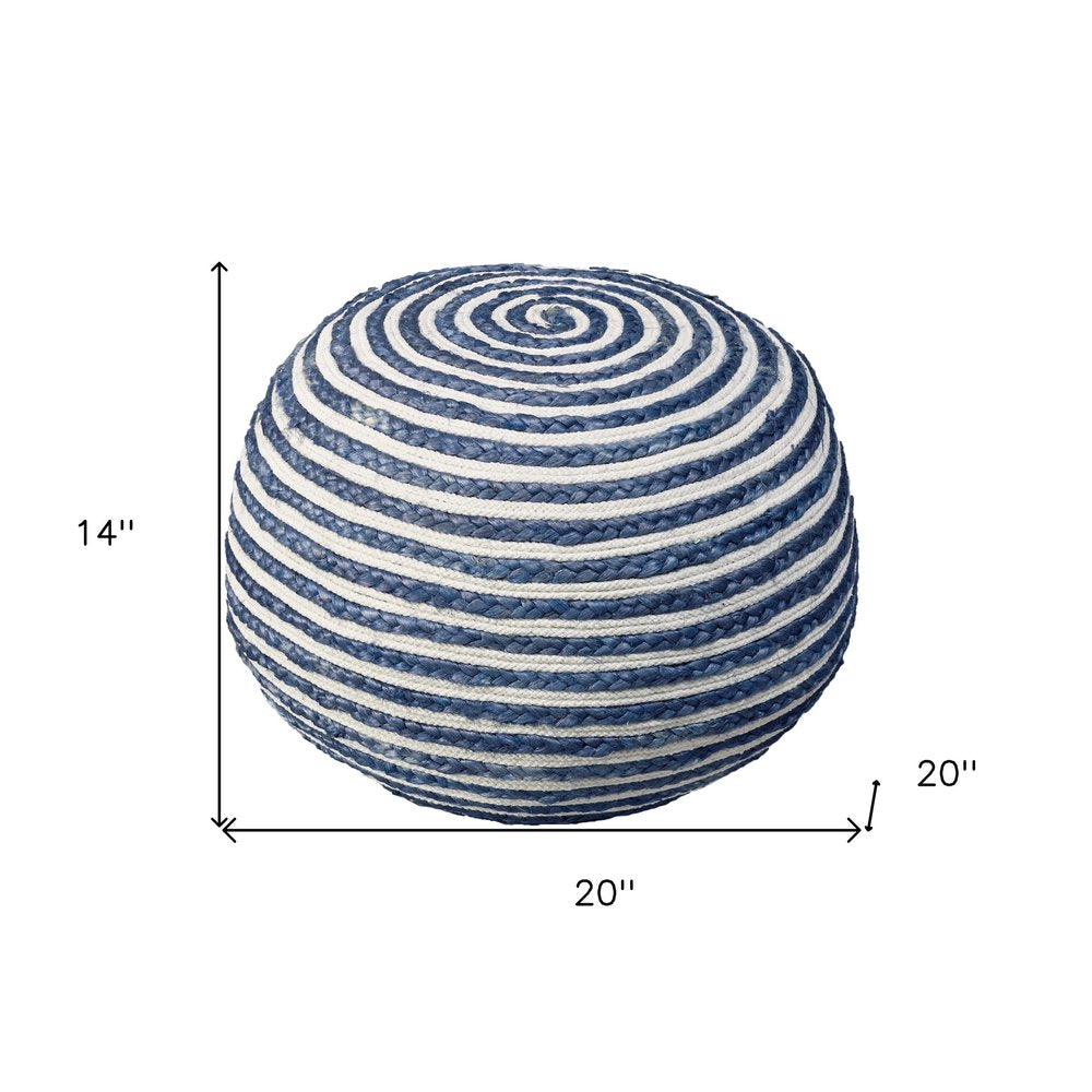 20" White Cotton Blend Round Striped Pouf Ottoman
