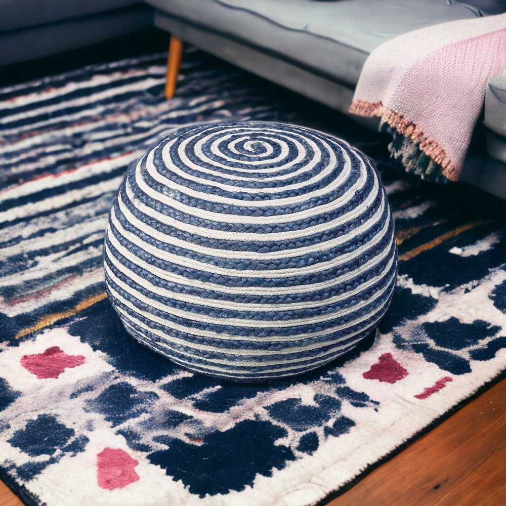 20" White Cotton Blend Round Striped Pouf Ottoman