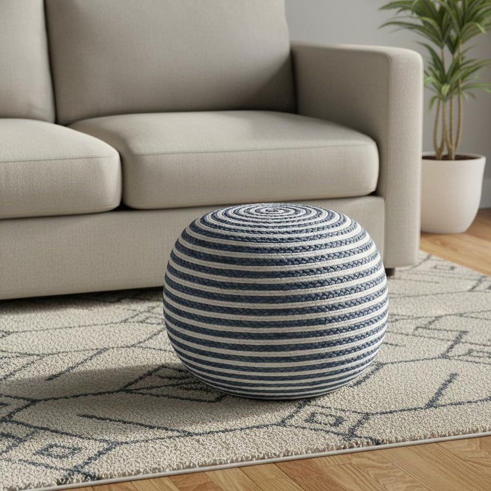 20" Gray Cotton Blend Striped Round Pouf Ottoman