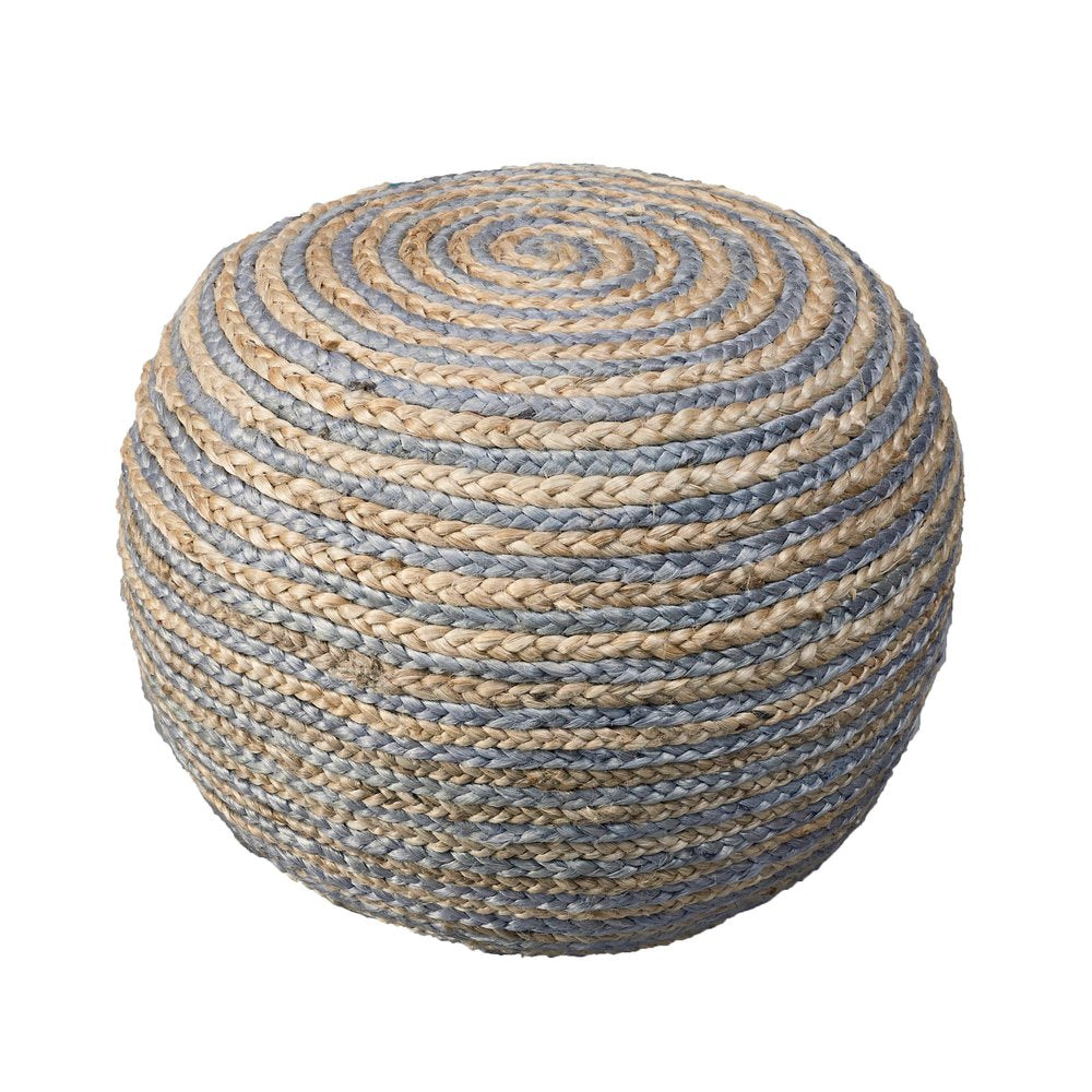 20" White Cotton Blend Round Striped Pouf Ottoman