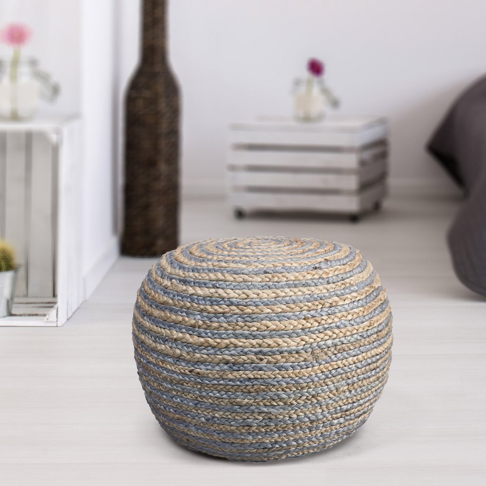 20" White Cotton Blend Round Striped Pouf Ottoman