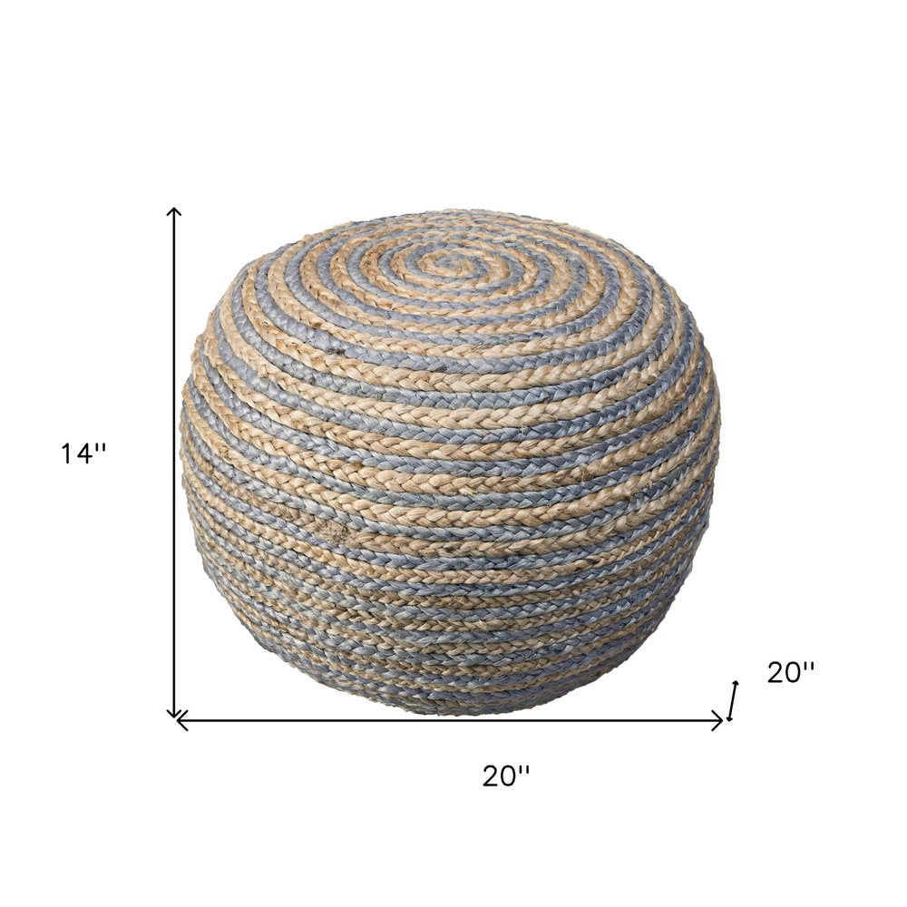 20" White Cotton Blend Round Striped Pouf Ottoman