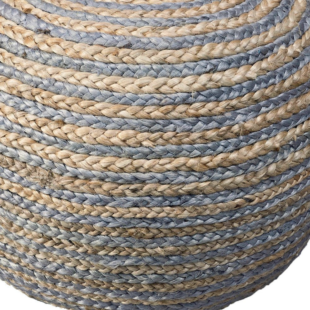 20" White Cotton Blend Round Striped Pouf Ottoman