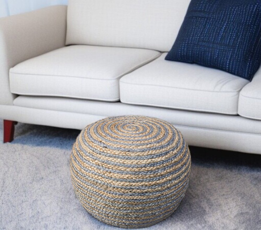 20" White Cotton Blend Round Striped Pouf Ottoman