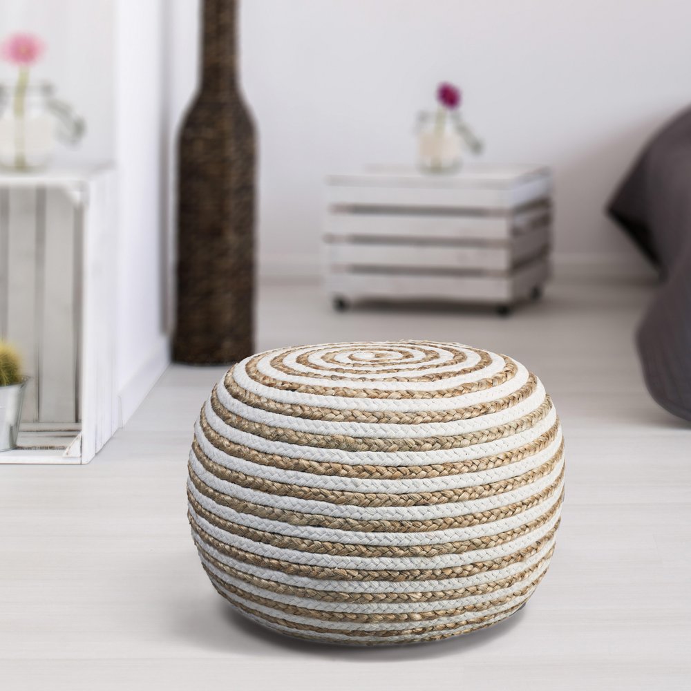 20" Gray Cotton Blend Striped Round Pouf Ottoman