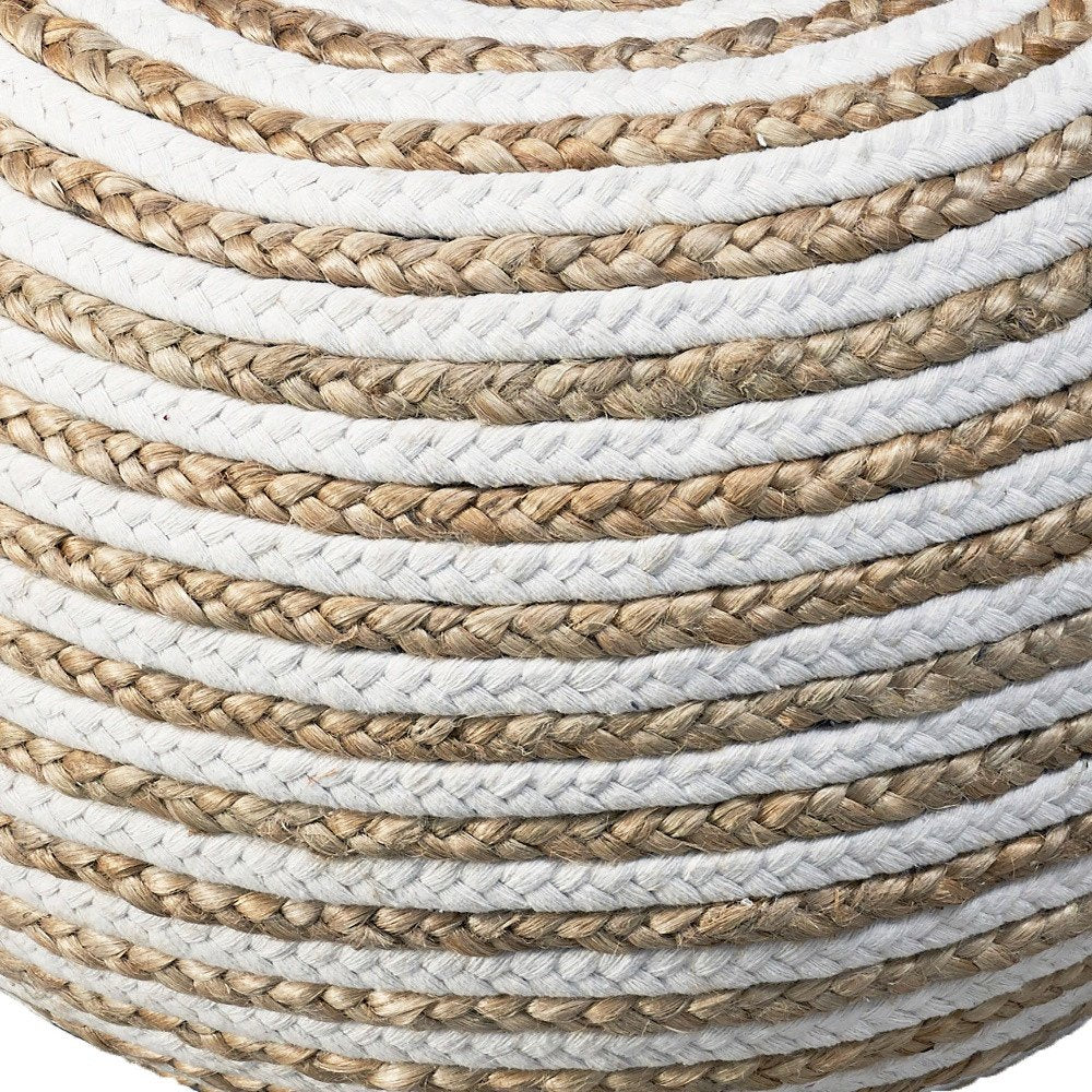 20" White Cotton Blend Round Striped Pouf Ottoman