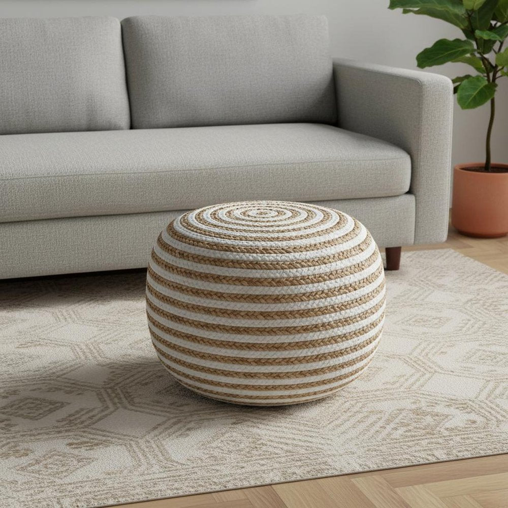 20" Blue Cotton Blend Round Striped Pouf Ottoman