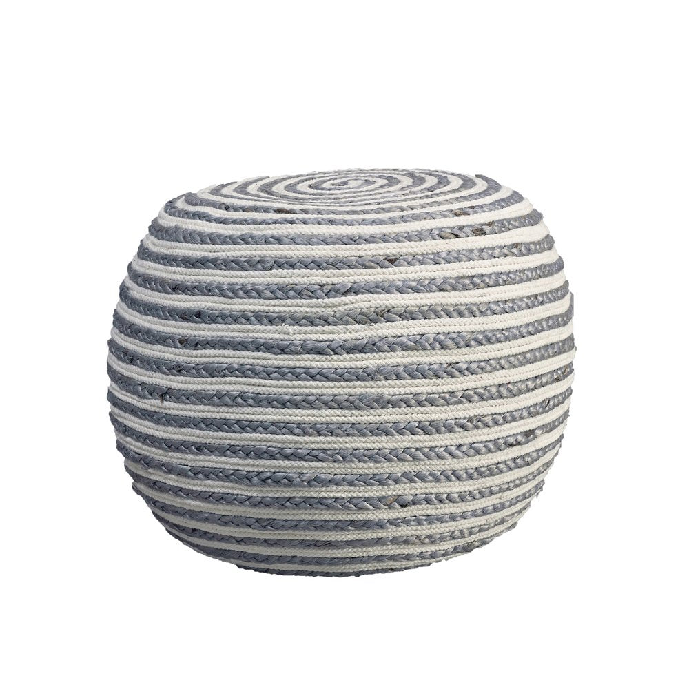 20" White Cotton Blend Round Striped Pouf Ottoman