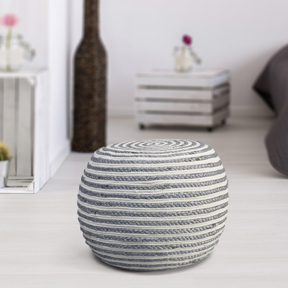 20" White Cotton Blend Round Striped Pouf Ottoman