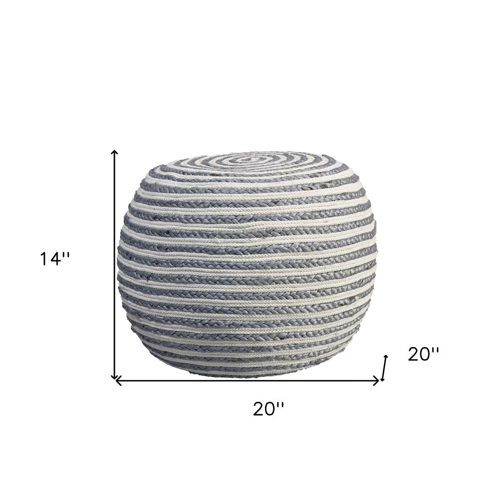 20" White Cotton Blend Round Striped Pouf Ottoman