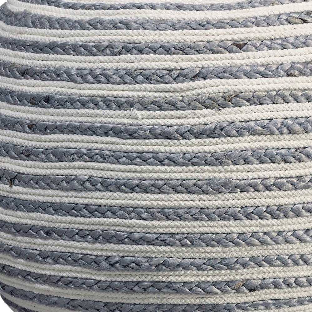 20" White Cotton Blend Round Striped Pouf Ottoman