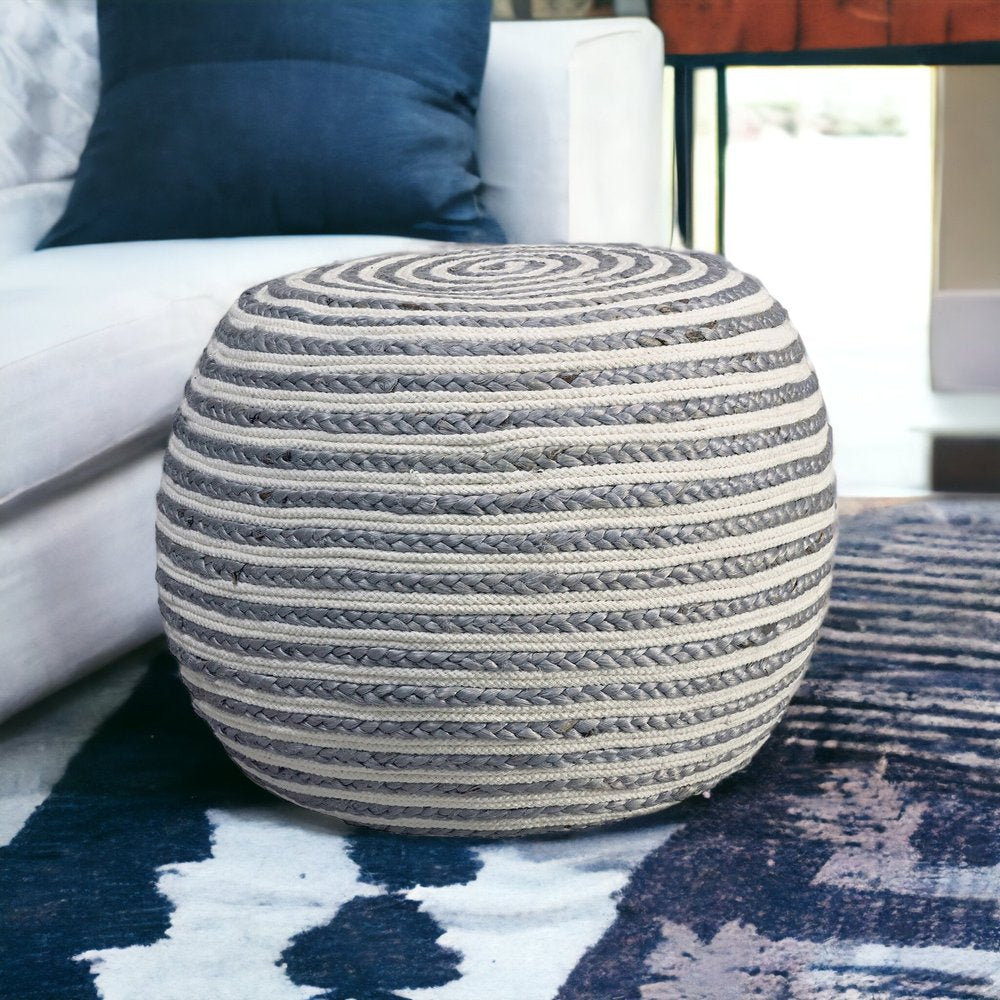 20" White Cotton Blend Round Striped Pouf Ottoman