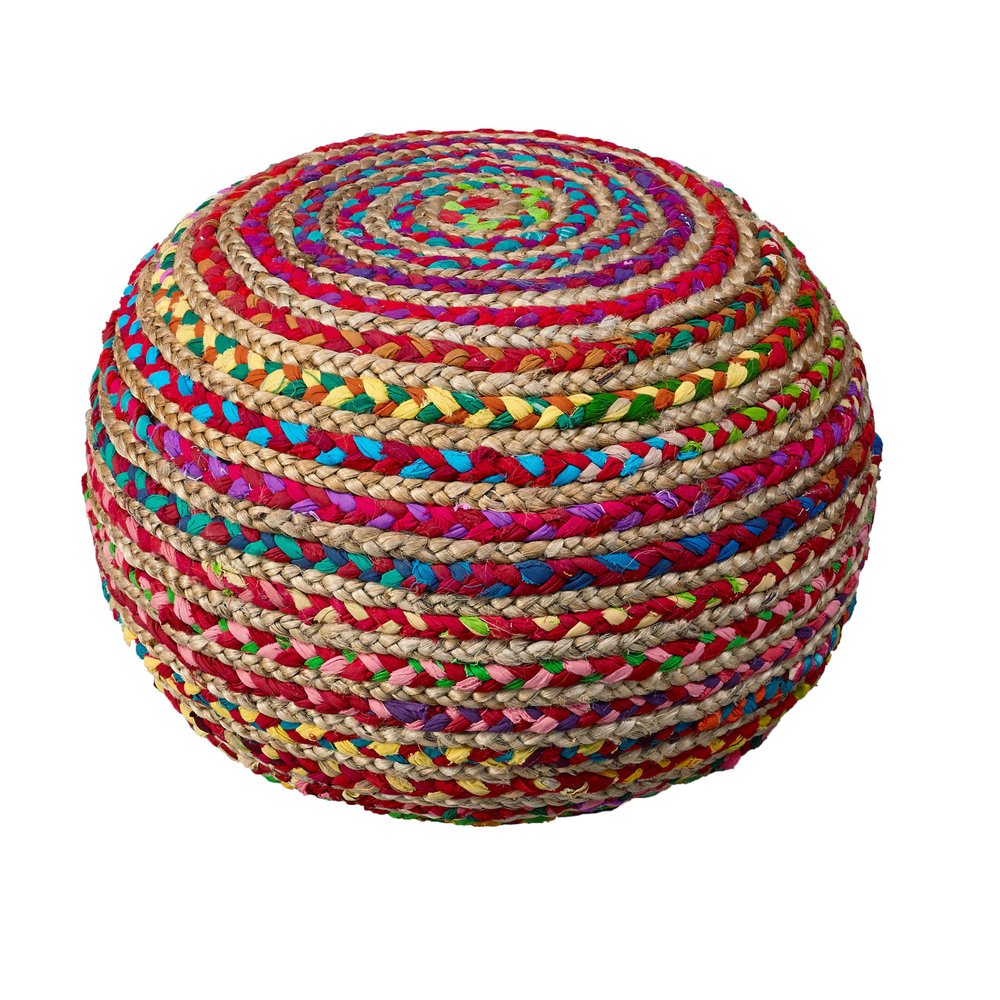 20" White Cotton Blend Round Striped Pouf Ottoman