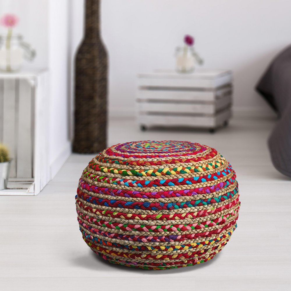 20" White Cotton Blend Round Striped Pouf Ottoman