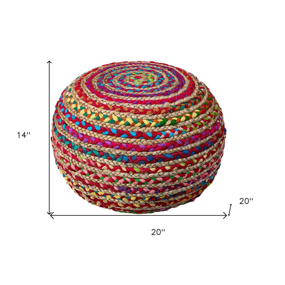 20" White Cotton Blend Round Striped Pouf Ottoman