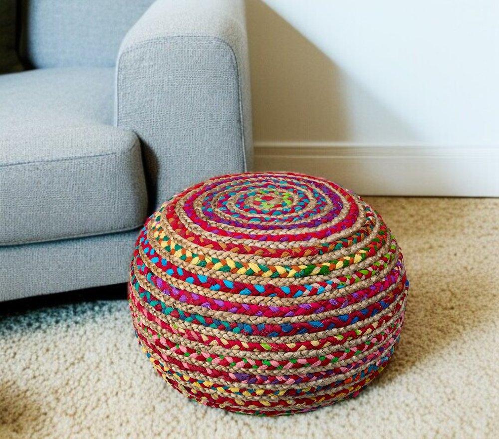 20" White Cotton Blend Round Striped Pouf Ottoman