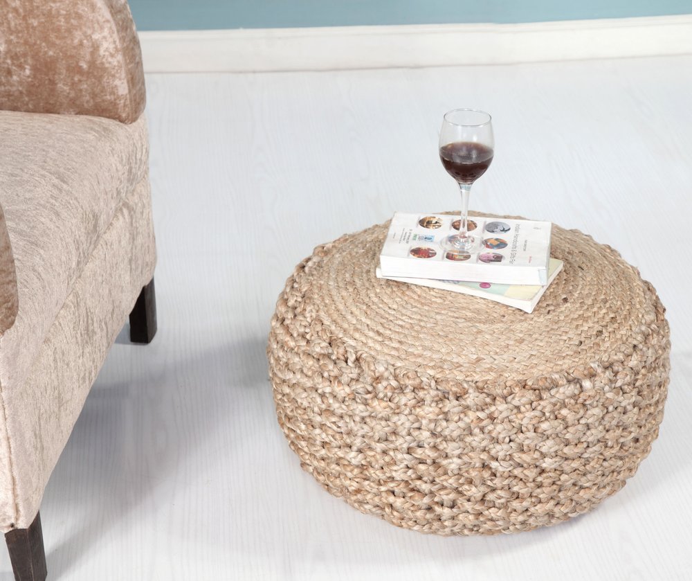 20" Tan Round Geometric Pouf Ottoman