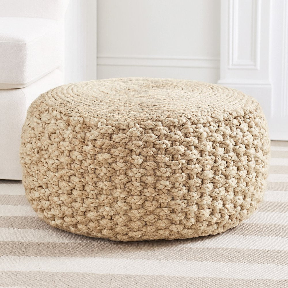 20" Tan Round Geometric Pouf Ottoman