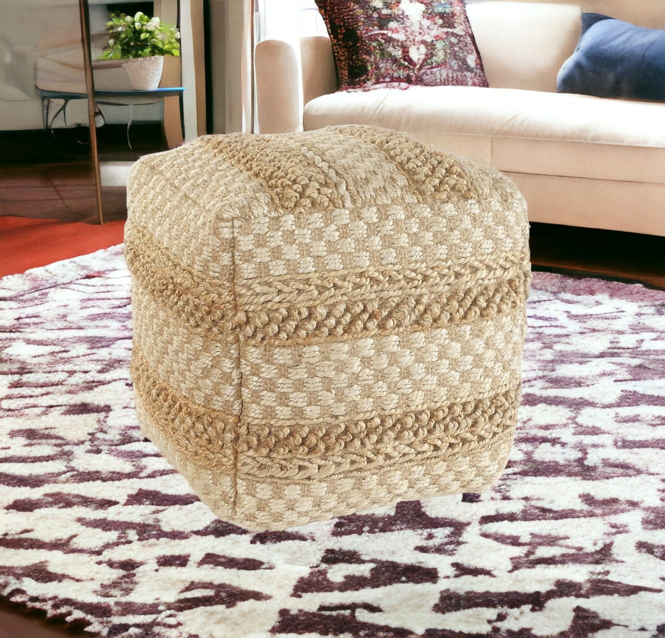 18" Tan Jute Ottoman