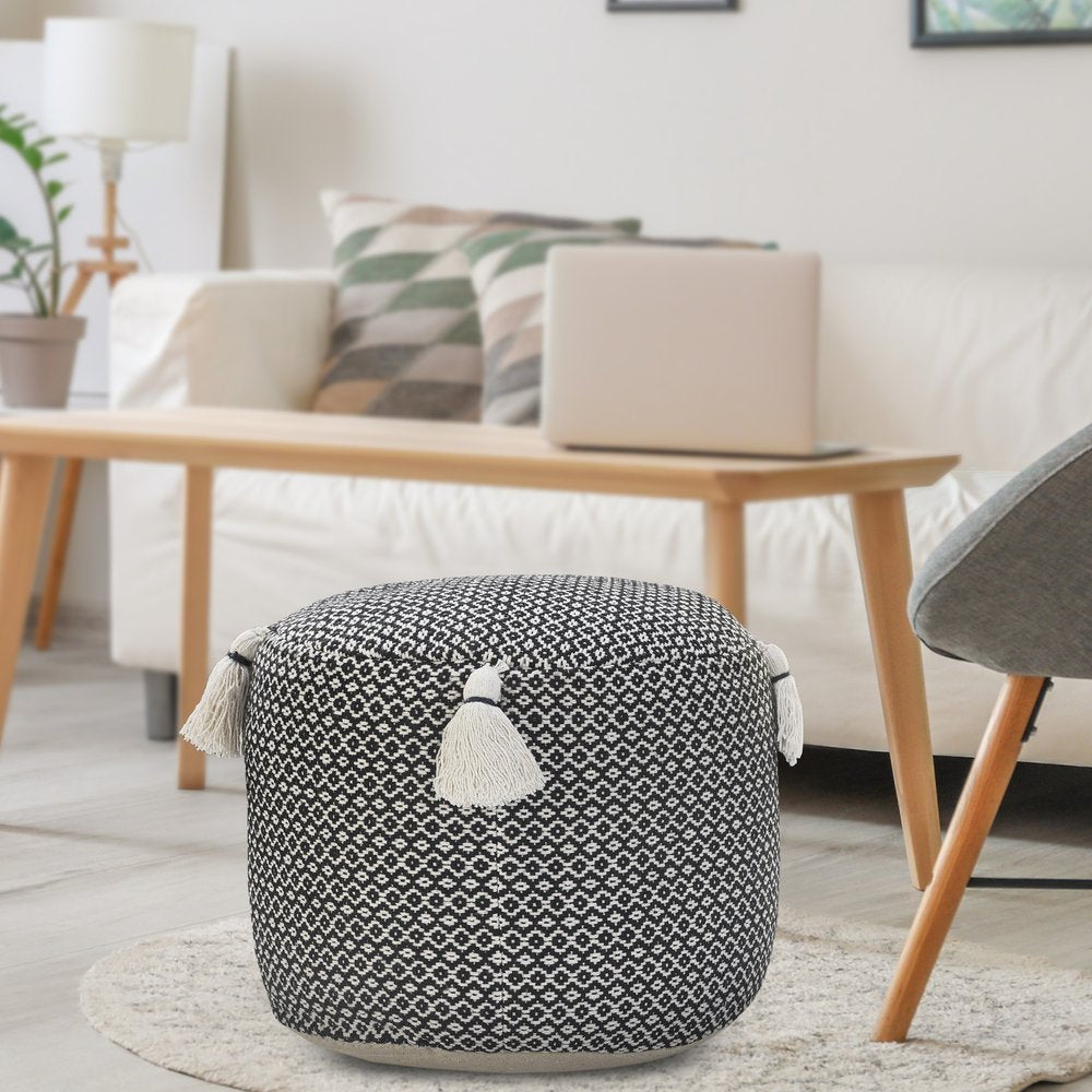 18" Black Cotton Cylinder Geometric Pouf Ottoman