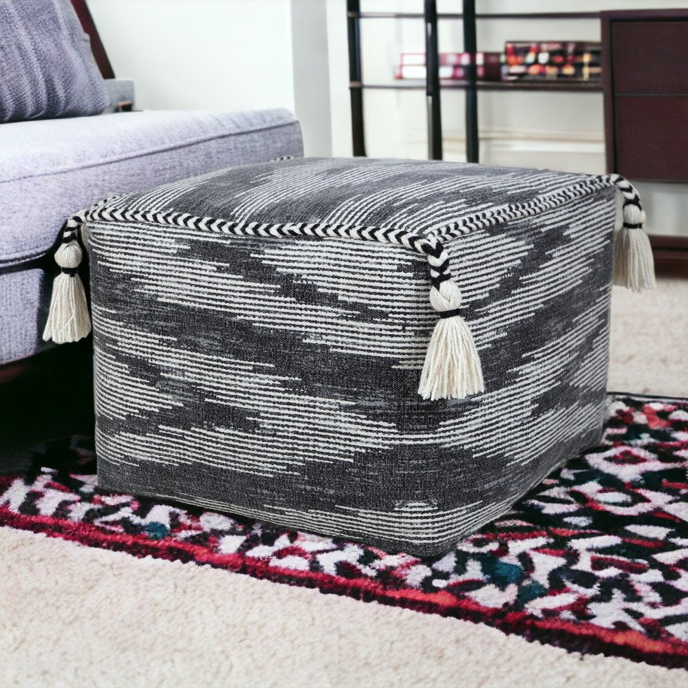 18" Gray Cotton Striped Pouf Ottoman