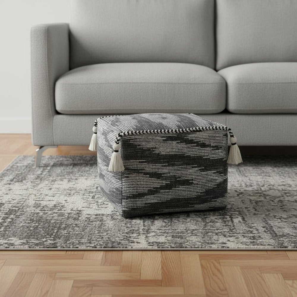 18" Gray Cotton Striped Pouf Ottoman
