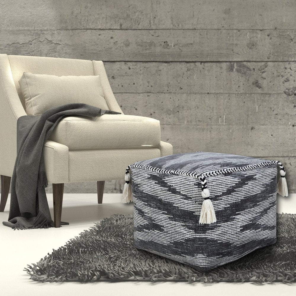 18" Gray Cotton Striped Pouf Ottoman