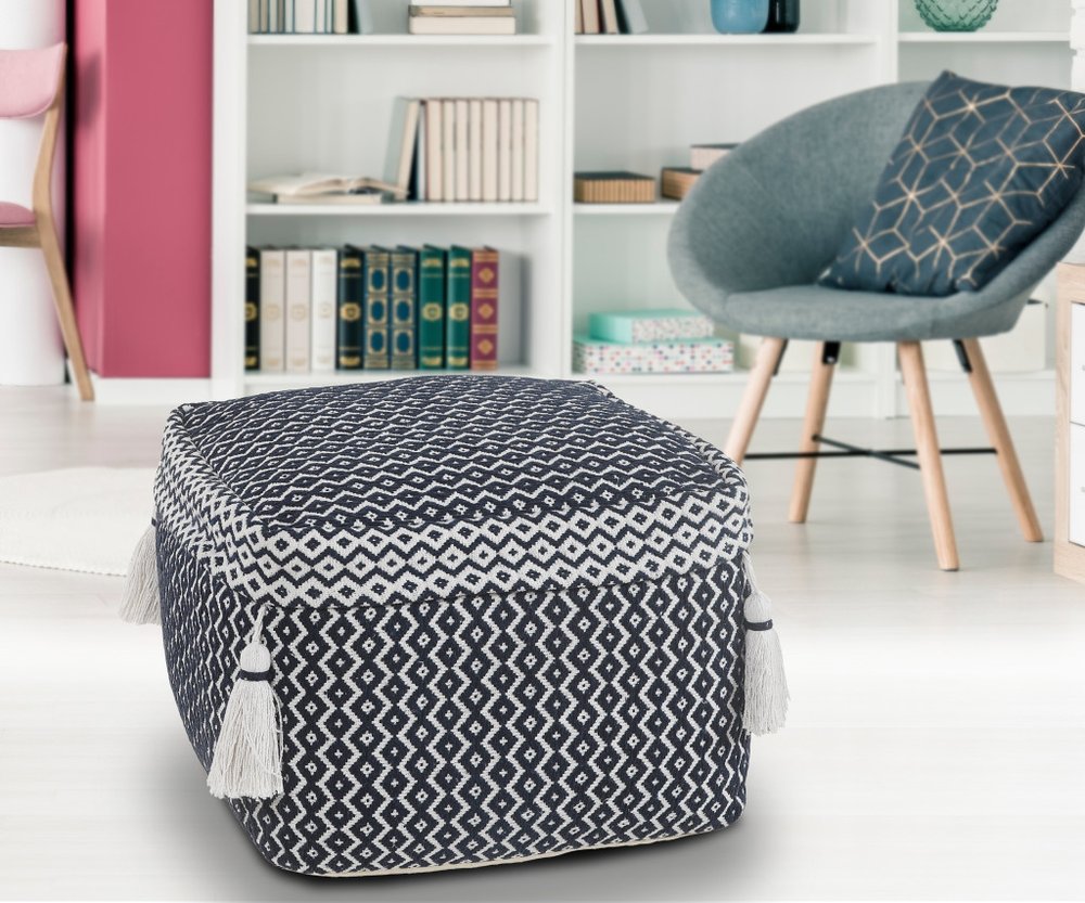 18" Blue Cotton Geometric Pouf Ottoman
