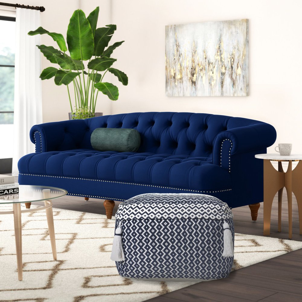 18" Blue Cotton Geometric Pouf Ottoman